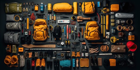 AI Generated. AI Generative. Camping adventure tool equipment different tools. Outdoor wild lifestyle vibe. Graphic Art