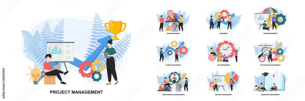 Poster set of web page design templates for management web page composition with leadership, time managemen