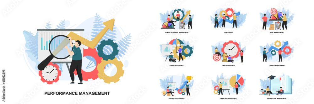 Poster set of web page design templates for management web page composition with leadership, time managemen