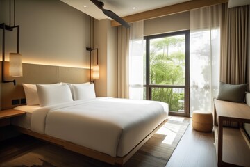 eco-friendly hotel room with minimalist decor, natural lighting, and earthy tones, created with generative ai