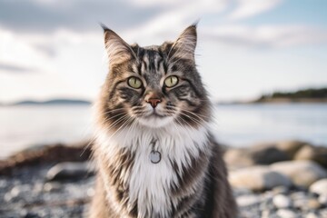 Medium shot portrait photography of a curious norwegian forest cat begging for food against a beach background. With generative AI technology