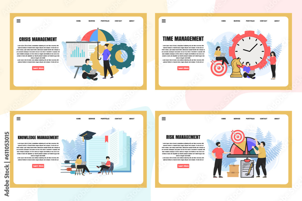 Poster set of web page design templates for management web page composition with leadership, time managemen