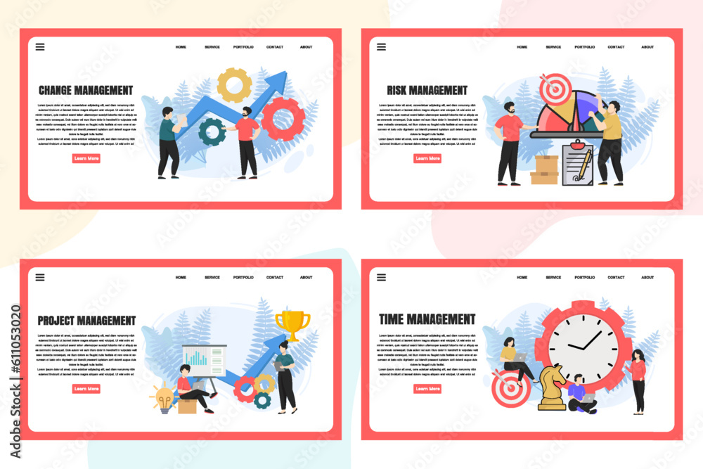 Poster set of web page design templates for management web page composition with leadership, time managemen