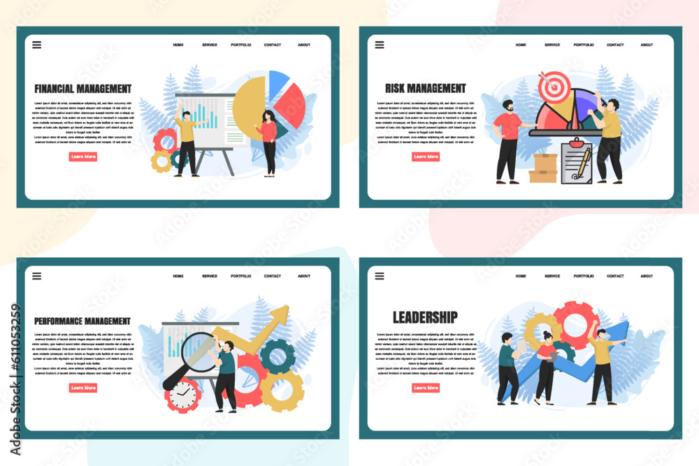 Poster set of web page design templates for management web page composition with leadership, time managemen