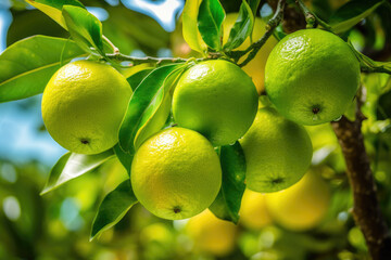 fresh ripe limes on a branch of a lime tree, Generative AI