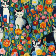 Cats and flowers colorful seamless repeat pattern - impressionism, abstract cat art [Generative AI]
