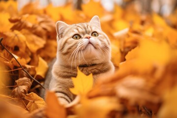 Group portrait photography of a smiling scottish fold cat playing against an autumn foliage background. With generative AI technology