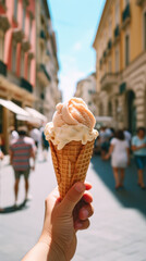 A hand holding soft ice cream against street and building backdrop. ice cream day.Generative AI