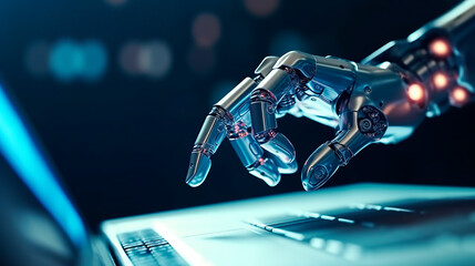 Robot hands point to laptop button advisor chatbot robotic artificial intelligence concept. Generative Ai - obrazy, fototapety, plakaty