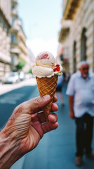 A hand holding soft ice cream against street and building backdrop. ice cream day.Generative AI
