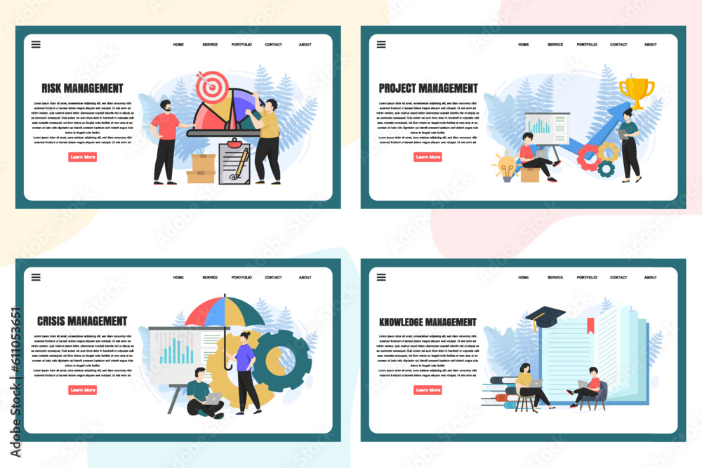 Poster set of web page design templates for management web page composition with leadership, time managemen