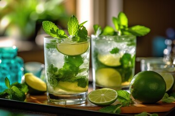 Fototapeta premium refreshing mojito cocktails on a wooden tray. close up view. Generative AI