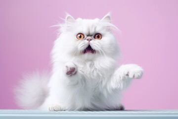 Close-up portrait photography of a funny persian cat kneading with hind legs against a pastel or soft colors background. With generative AI technology