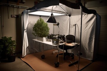 roll-up tent with industrial lighting and ventilation for a homegrow setup, created with generative ai