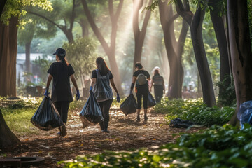 anonymous activist volunteers clean up litter outdoors. AI Generative
