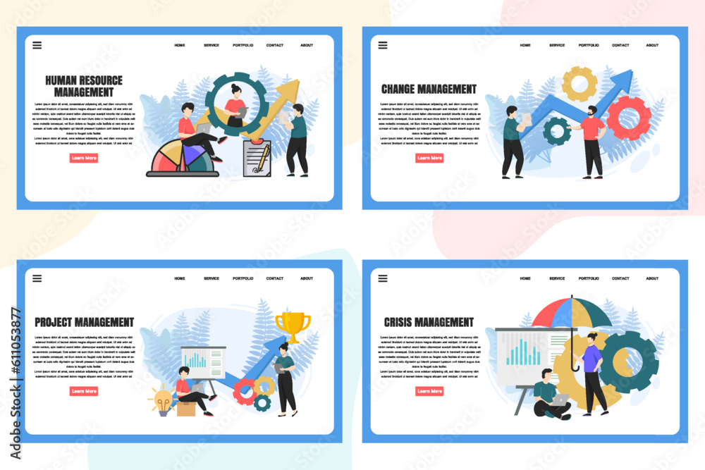 Poster set of web page design templates for management web page composition with leadership, time managemen