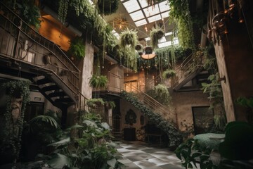 Fototapeta na wymiar indoor jungle, with plants and vines crawling up walls and hanging from the ceiling, created with generative ai