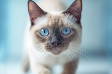 Close-up portrait photography of a cute siamese cat running against a pastel or soft colors background. With generative AI technology