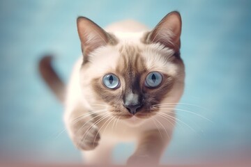Obraz premium Close-up portrait photography of a cute siamese cat running against a pastel or soft colors background. With generative AI technology