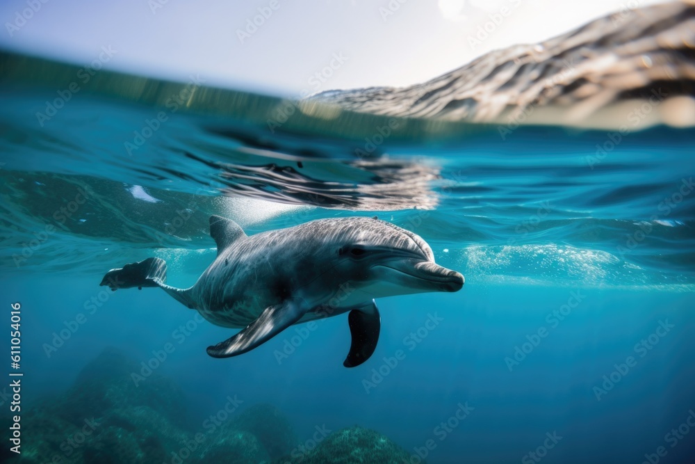 Wall mural marine mammal swimming in clear, blue ocean, created with generative ai