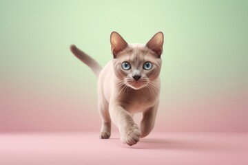 Medium shot portrait photography of a curious burmese cat pouncing against a pastel or soft colors background. With generative AI technology