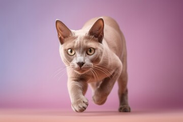 Obraz premium Medium shot portrait photography of a curious burmese cat pouncing against a pastel or soft colors background. With generative AI technology
