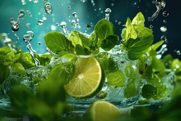 fresh lime with green leaves and splashes of water on a blue background, Generative AI