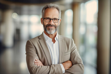 Fototapeta premium Happy middle aged business man ceo standing in office arms crossed. AI Generative