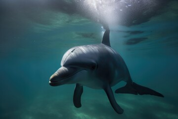 Obraz premium porpoise swimming through vibrant underwater environment, created with generative ai