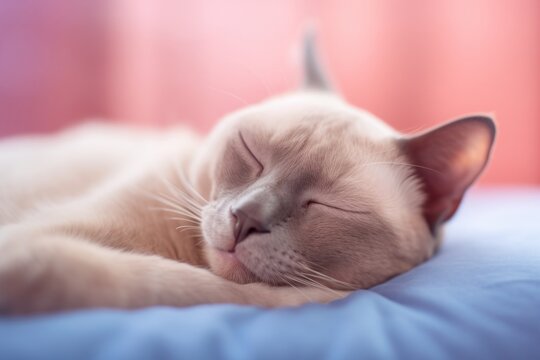 Lifestyle portrait photography of a funny burmese cat sleeping against a pastel or soft colors background. With generative AI technology