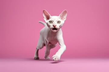 Full-length portrait photography of a happy devon rex cat pouncing against a pastel or soft colors background. With generative AI technology