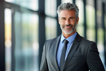 Fototapeta premium Boss man looking at camera and smiling, young businessman banker with beard photo with close up portrait. AI Generative