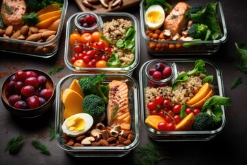 meal prep with a variety of ingredients such as fruits, vegetables, and proteins, created with generative ai