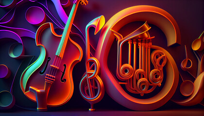 Colorful neon background musical style theme abstract musical instruments 3d Ai generated image