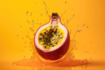 cut passion fruit in motion and splashes of water on a yellow background, Generative AI