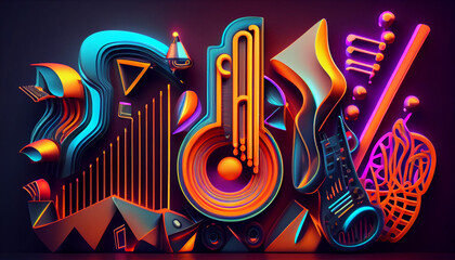 Colorful neon background musical style theme abstract musical instruments 3d Ai generated image