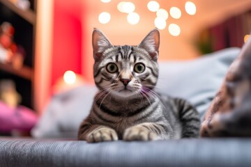 Lifestyle portrait photography of a smiling american shorthair cat playing against a cozy living room background. With generative AI technology