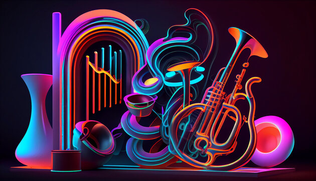 Colorful neon background musical style theme abstract musical instruments 3d Ai generated image