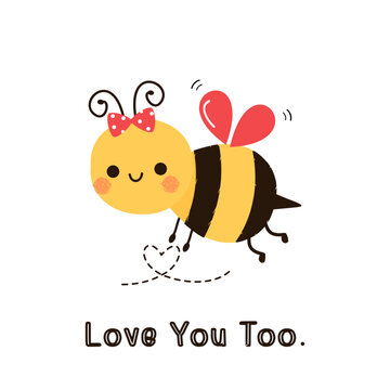 Bee cartoon with heart dot line and hand written fonts isolated on white background vector illustration. Cute childish print.