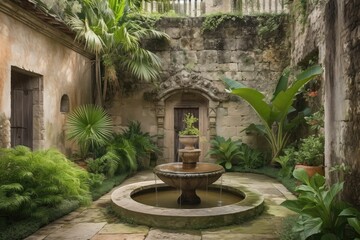 tropical garden with babbling fountain in front of stone-walled house, created with generative ai