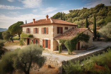 Fototapeta na wymiar traditional mediterranean house, with terra-cotta roof tiles and stone exterior, surrounded by vineyards and olive trees, created with generative ai