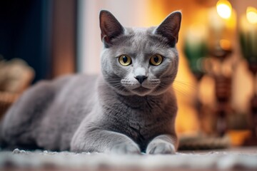 Environmental portrait photography of a smiling russian blue cat playing against a cozy living room background. With generative AI technology