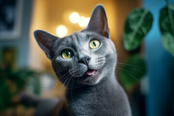 Environmental portrait photography of a smiling russian blue cat playing against a cozy living room background. With generative AI technology