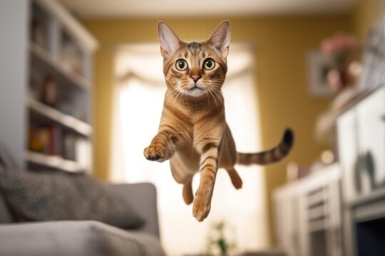Full-length portrait photography of a curious abyssinian cat leaping against a cozy living room background. With generative AI technology