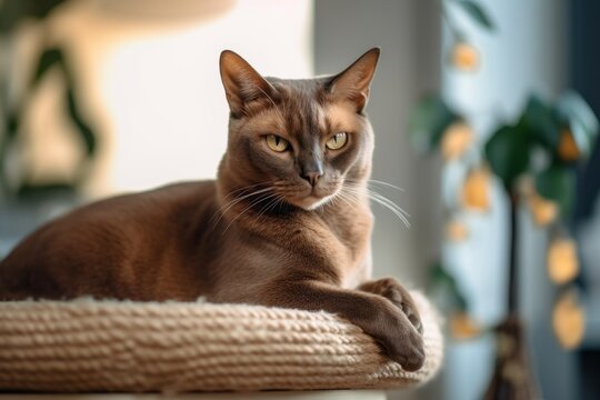 Lifestyle portrait photography of a happy burmese cat corner rubbing against a cozy living room background. With generative AI technology