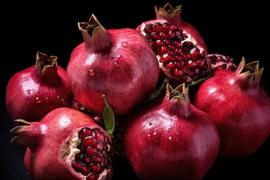 red fresh pomegranates on a dark background, Generative AI