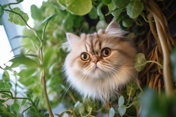 Naklejka na ściany i meble Environmental portrait photography of a funny persian cat wall climbing against an indoor plant. With generative AI technology