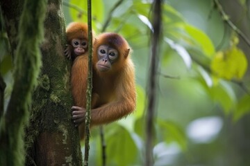 Fototapeta premium majestic shot of mother monkey climbing through the canopy, with infant clinging tightly to her back, created with generative ai