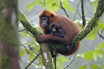 mother monkey with infant clinging tightly to her back, as she moves through the treetops, created with generative ai