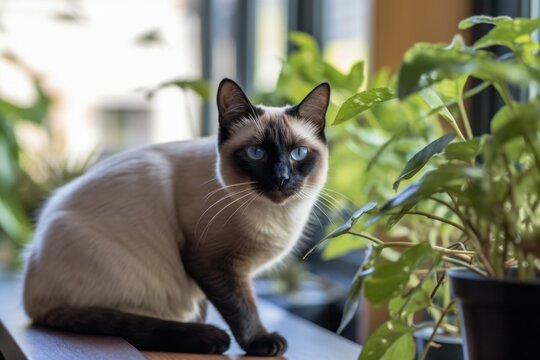 Full-length portrait photography of a smiling siamese cat back-arching against an indoor plant. With generative AI technology